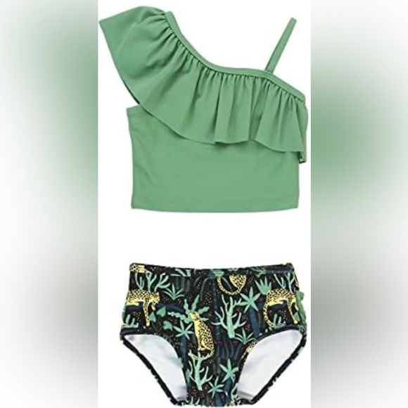 RUFFLE BUTTS Sz 5 Green One shoulder Top with Ruffled Bottom in tropical print - Picture 1 of 5